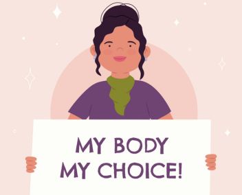 Illustration d'une femme portant une pancarte "My body, my choice!"