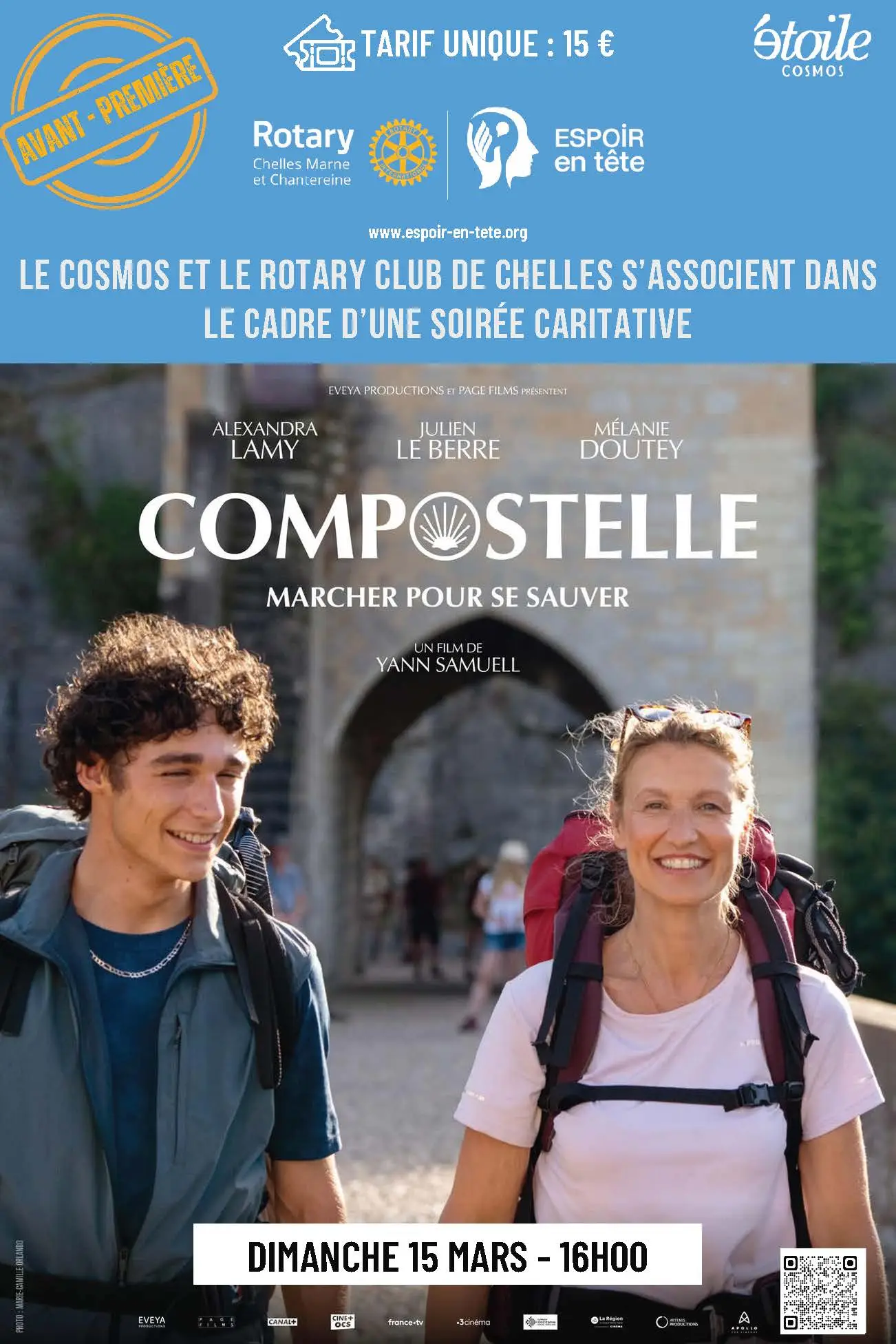 Affiche avant-première du film Compostelle, tarif unique de 15 euros