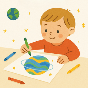 Un petit garçon qui dessine une planète