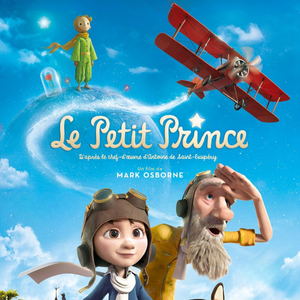 Le petit prince, un avion, une jeune femme et un homme agé