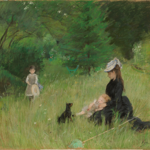 Peinture d'un femme, deux enfants et un chien dans un jardin