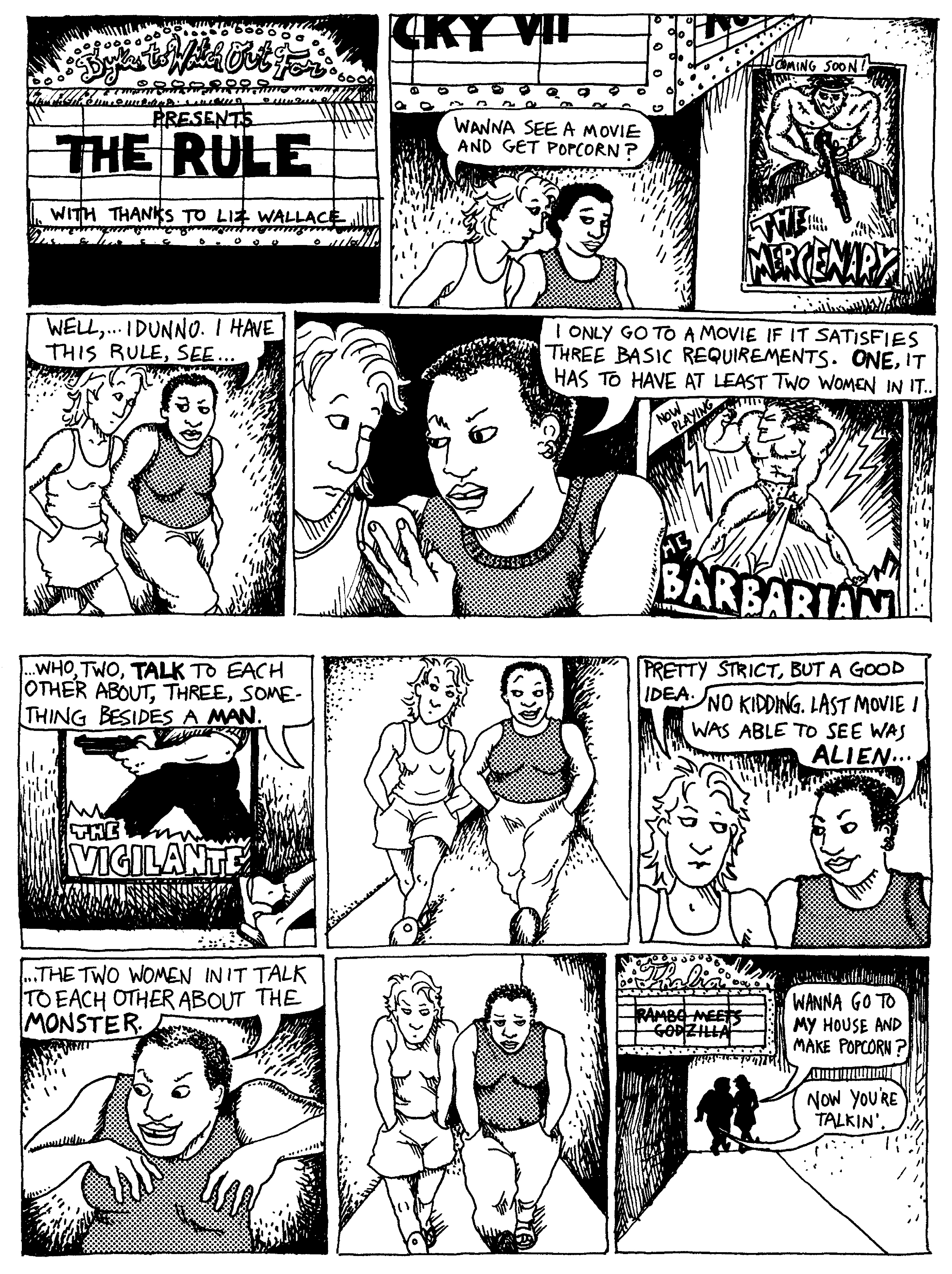 Illustration représentant la planche à l'origine du test de Bechdel, en noir et blanc, tirée du comic strip hebdomadaire Dykes to watch out for, paru en 1985.