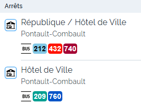 Arrêt République hôtel de ville, bus 212, 432, 740 ou arrêt hôtel de ville bus 209 ou 760