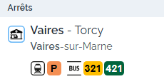 Arrêts Vaires sur Marne, gare RER P et bus 421 et 321