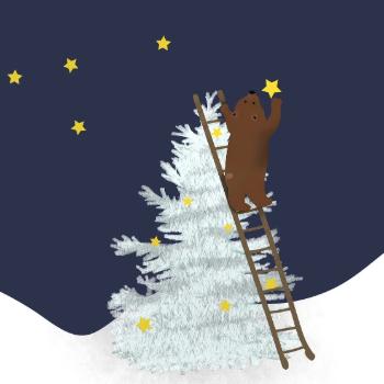 dessin d'un ours accrochant une étoile en haut d'un sapin de noel