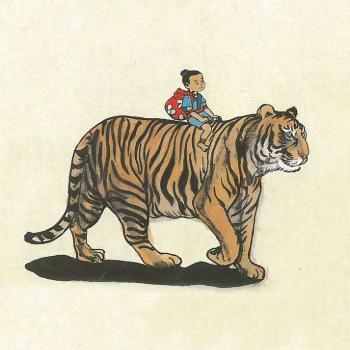 dessin d'un enfant chevauchant un tigre