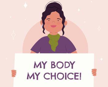Illustration d'une femme portant une pancarte "My body, my choice!"