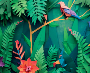 Paysage de forêt avec un perroquet en papier